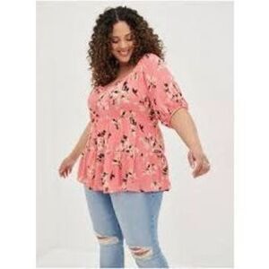 New Torrid Floral Coral Peplum Crinkle Gauze Tiered Top Blouse Plus Size 1X